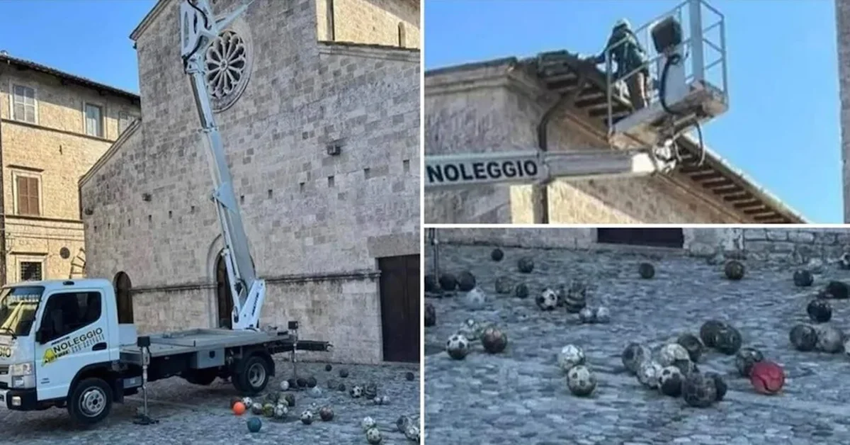 Dozens of soccer balls that children have been missing for decades have appeared on the roof of a church in Italy