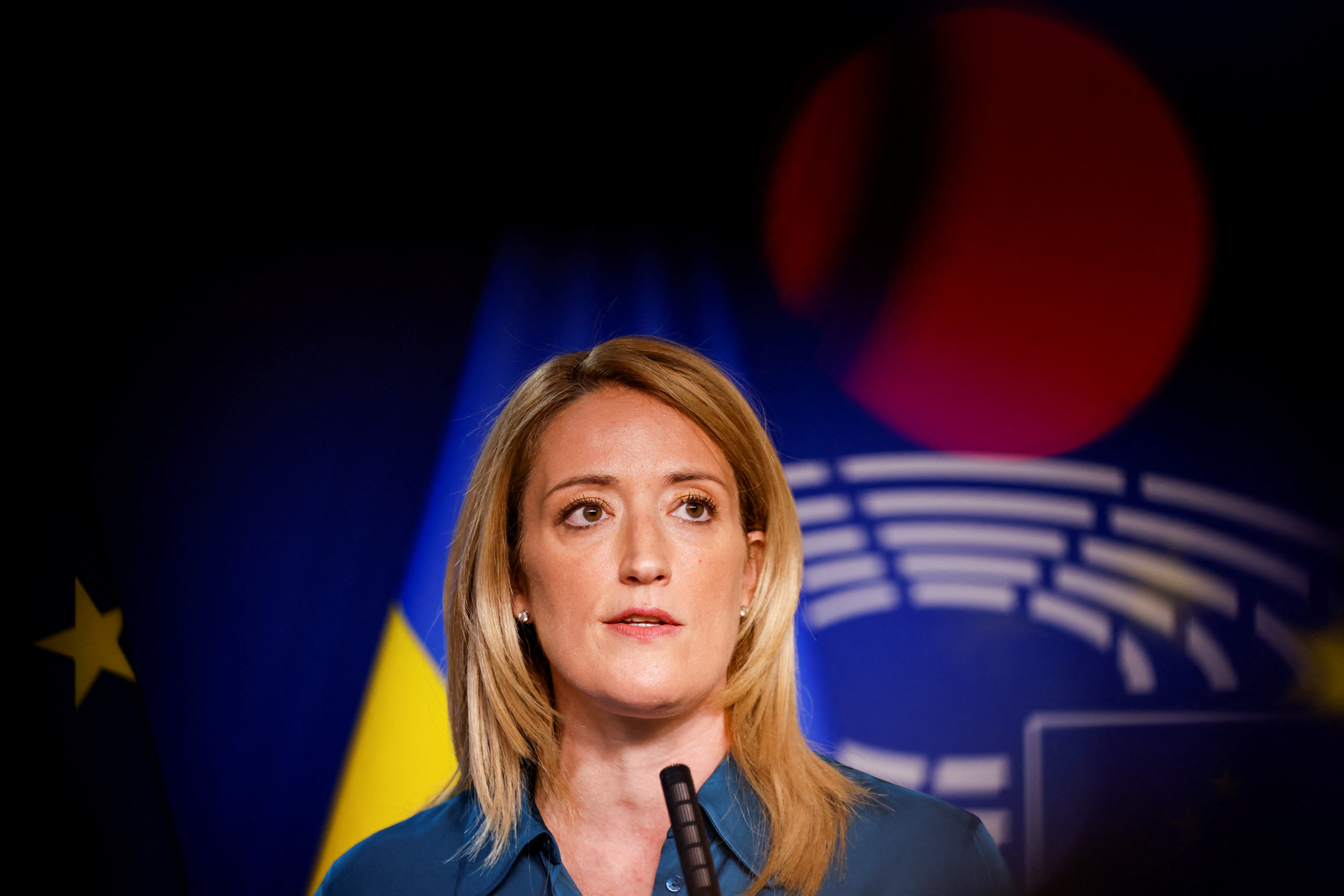European Parliament President Roberta Mezzola during a press conference at the European Parliament in Brussels, Belgium, April 28, 2022. REUTERS/Joanna Giron