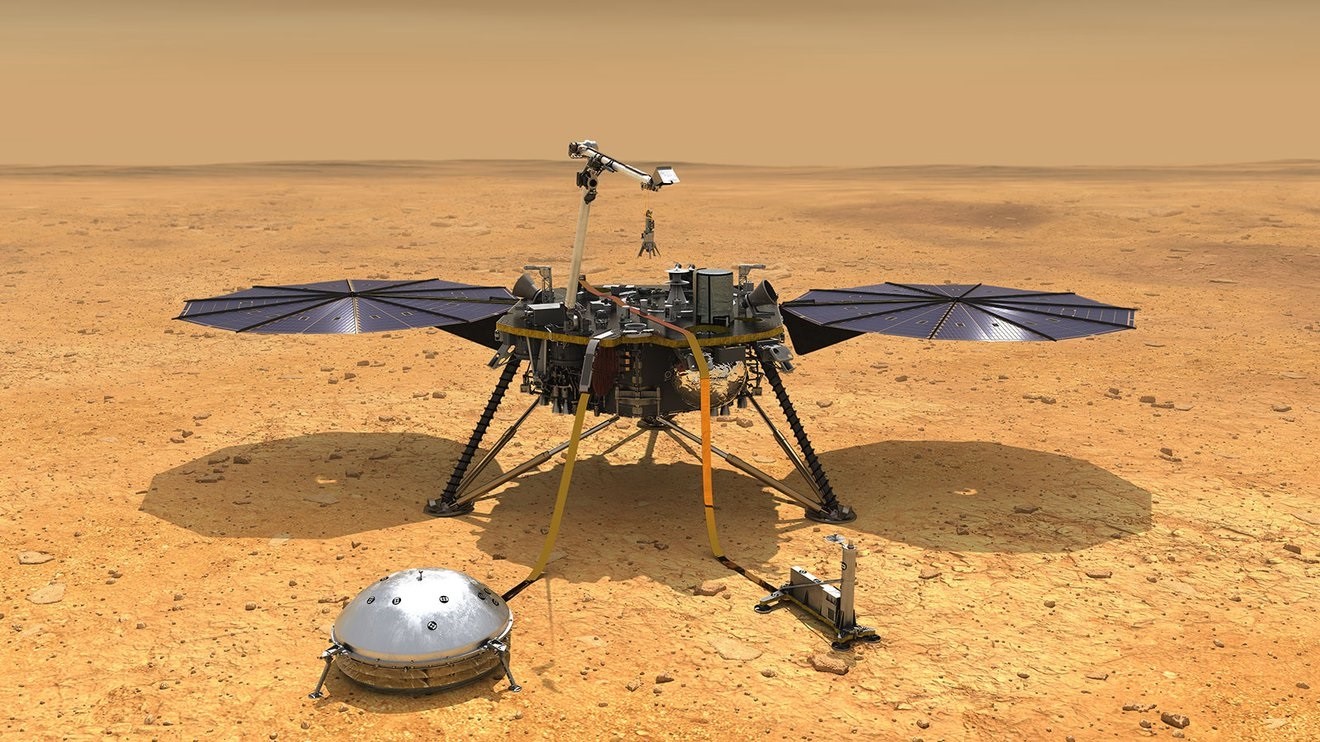 Illustration of an InSight module with a seismometer and drill in the foreground (NASA/JPL)