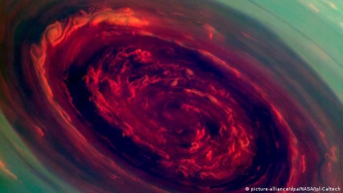 Image of a storm at the North Pole of Saturn
