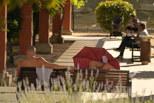 Two men relax in a park on a hot afternoon in Madrid, Spain, Tuesday, June 7, 2022.