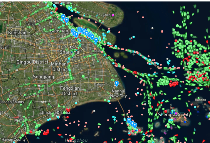 A screenshot from the Marine Traffic website showing today's traffic in the Shanghai port area (Credit: Marine Traffic)