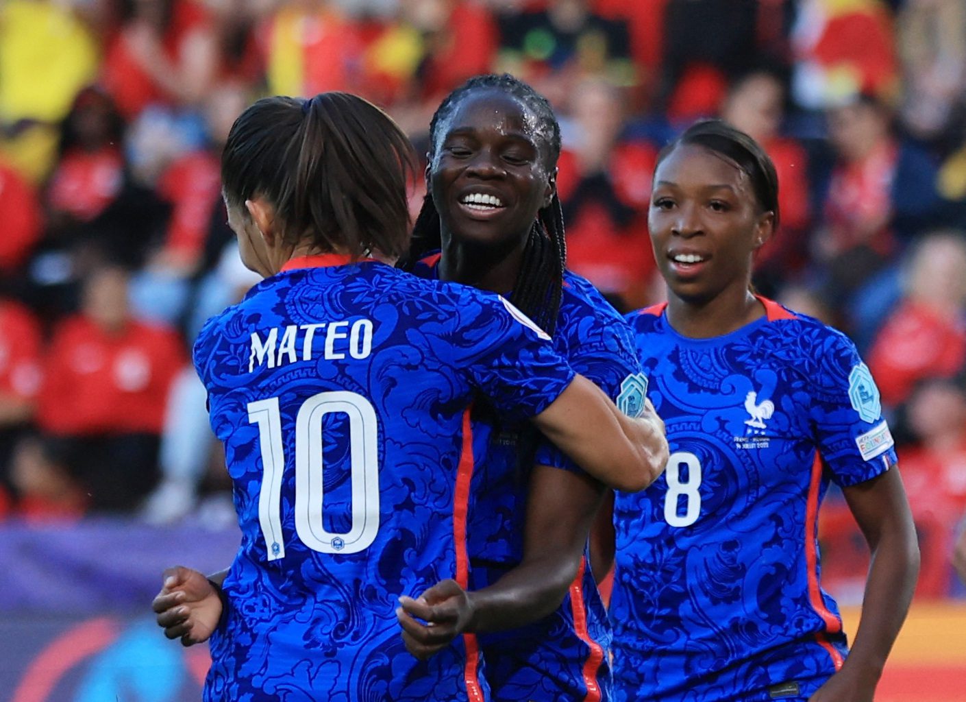 Olimata Sarr celebrates France's second goal with Clara Mathieu and Grace Giroud (Reuters/Lee Smith)