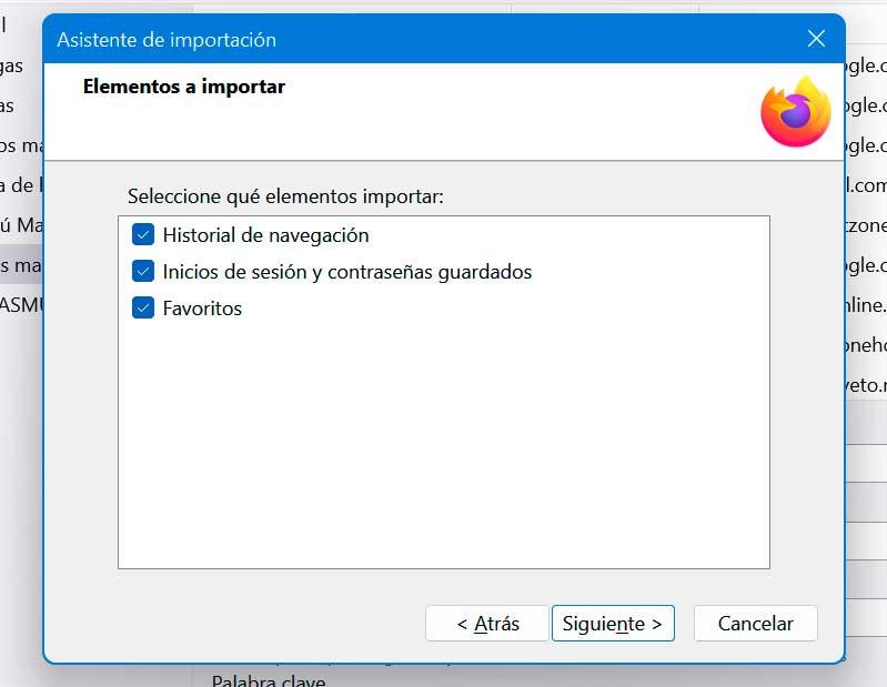 Firefox items to import