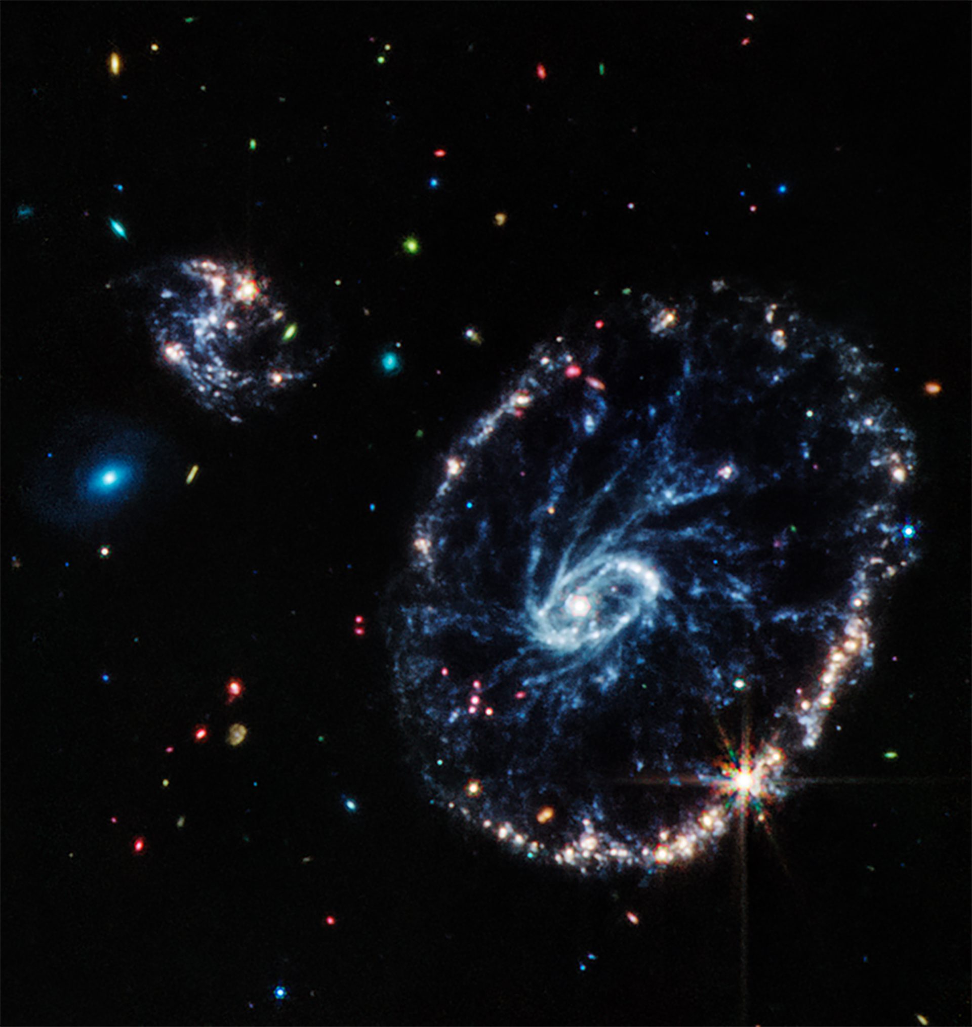"This image from the Web's Mid-Infrared Instrument (MIRI) instrument shows a group of galaxies, including a large, distorted, ring-shaped galaxy known as the Cartwheel."The experts said in the statement (NASA, ESA, CSA, STScI, Webb ERO Production team)
