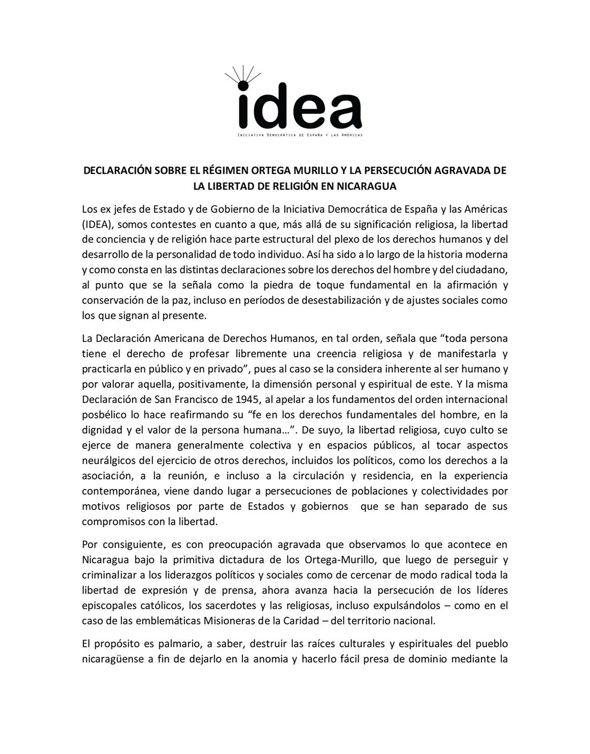 Part 1 of the Idea Group's statement on religious persecution in Nicaragua 