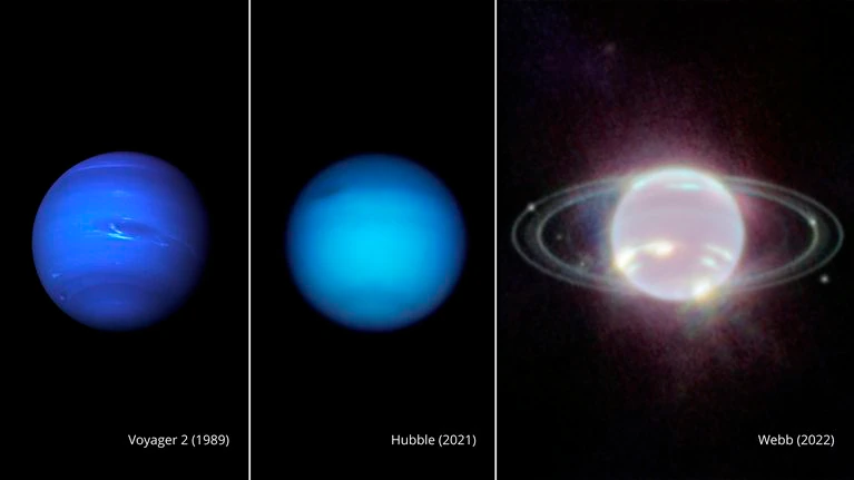 Images of Neptune were taken by Voyager 2 in 1989, Hubble in 2021, and James Webb in 2022. (Photo: AP/NASA)