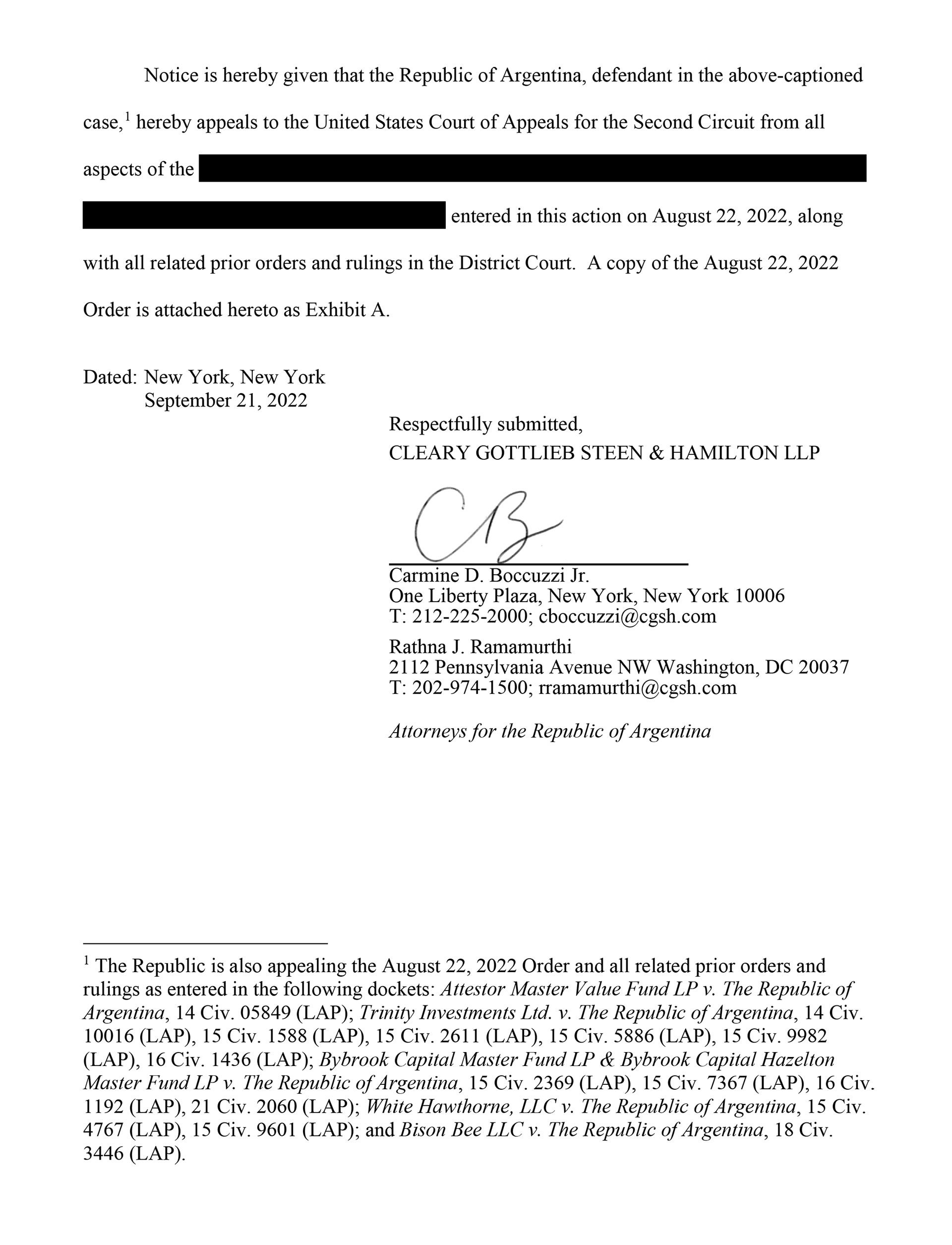Appeal memorandum filed by Argentina in New York