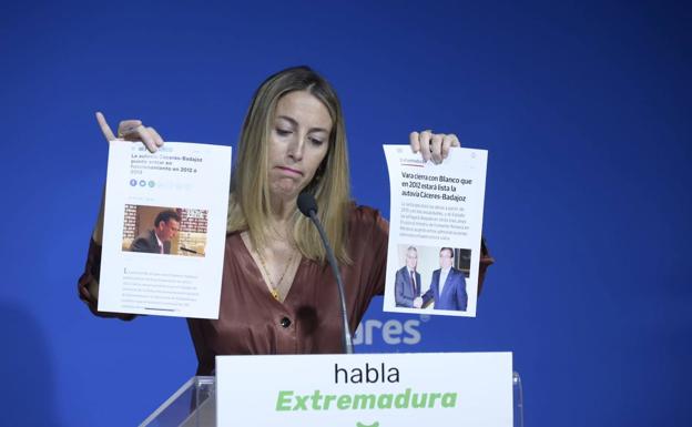 Extremaduran party president, Maria Guardiola, at a press conference on Friday.